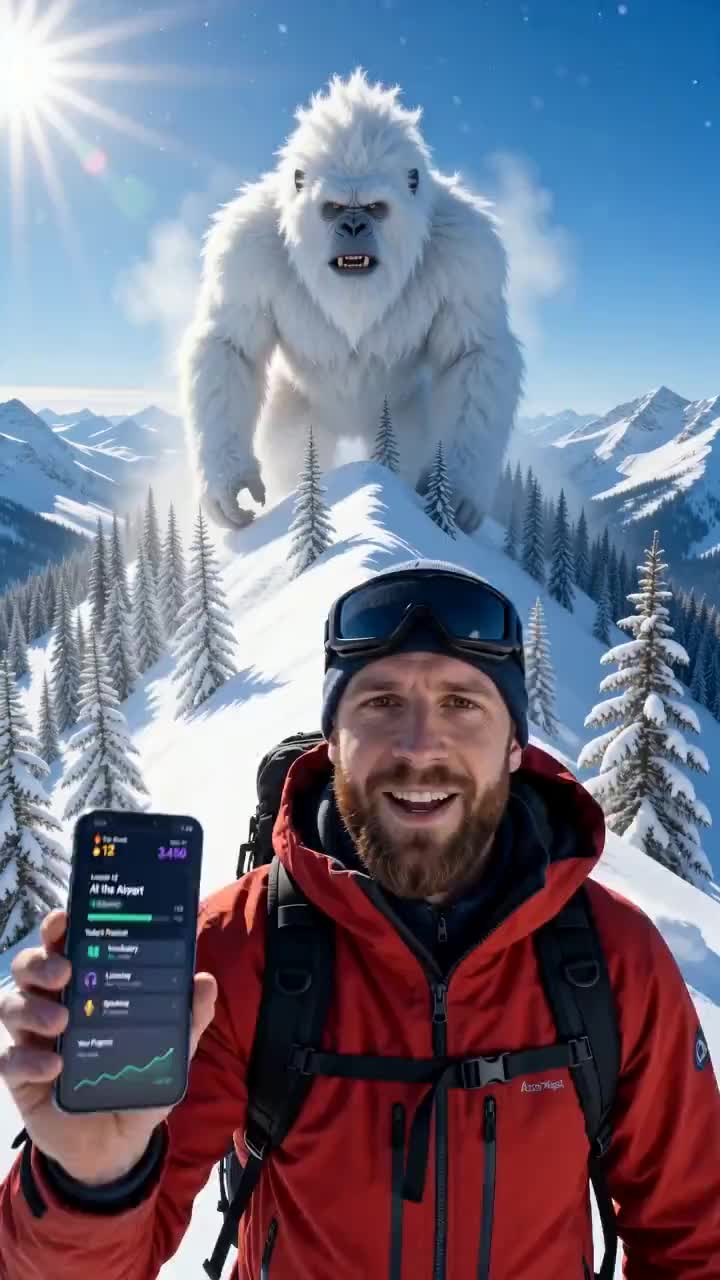 Mountaineer and Roaring Yeti on Snowy Peak