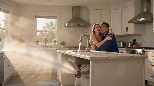The Waterfall of Drama A couple dramatically clings to each other in a heavily flooded kitchen, only for a 'FixSpark' plumber to arrive and instantly stop the chaos by simply turning a loose valve—humorously proving the app's slogan: One Tap to Fix the Drama.